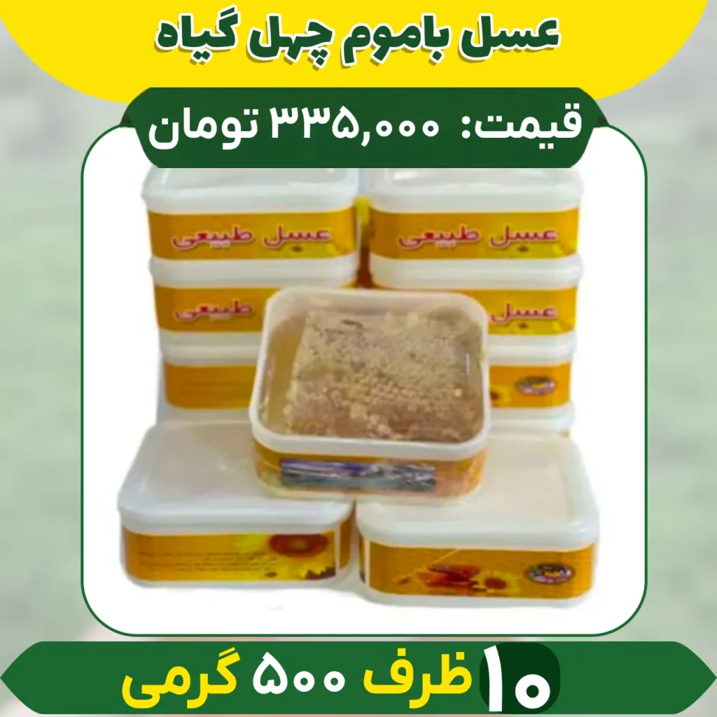 خرید عسل عمده باموم چهل گیاه ظرف نیم کیلویی